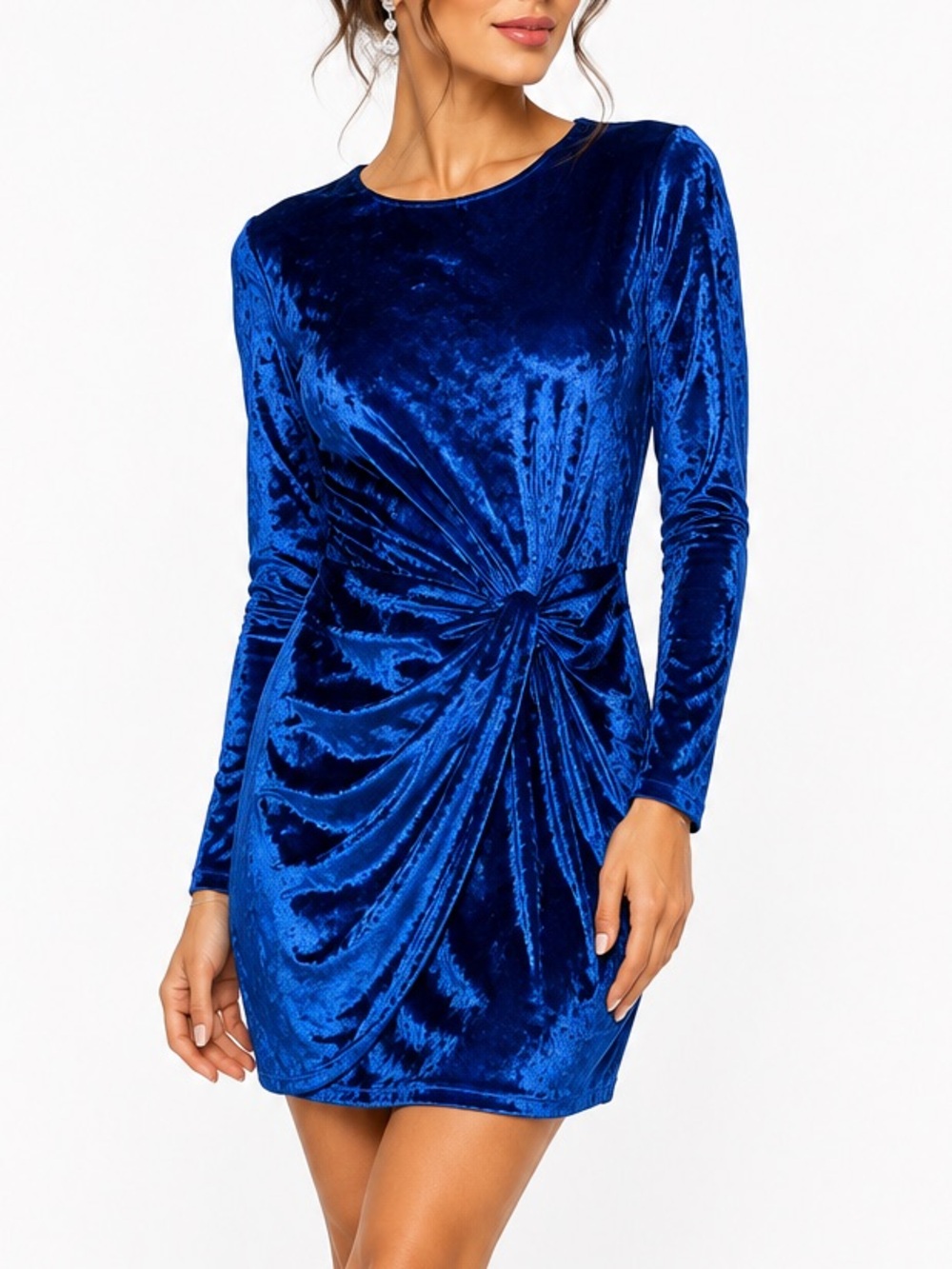 Guess Blue Crushed Velvet Ruched Draped Knot Front Long Sleeve Mini Dress Large
